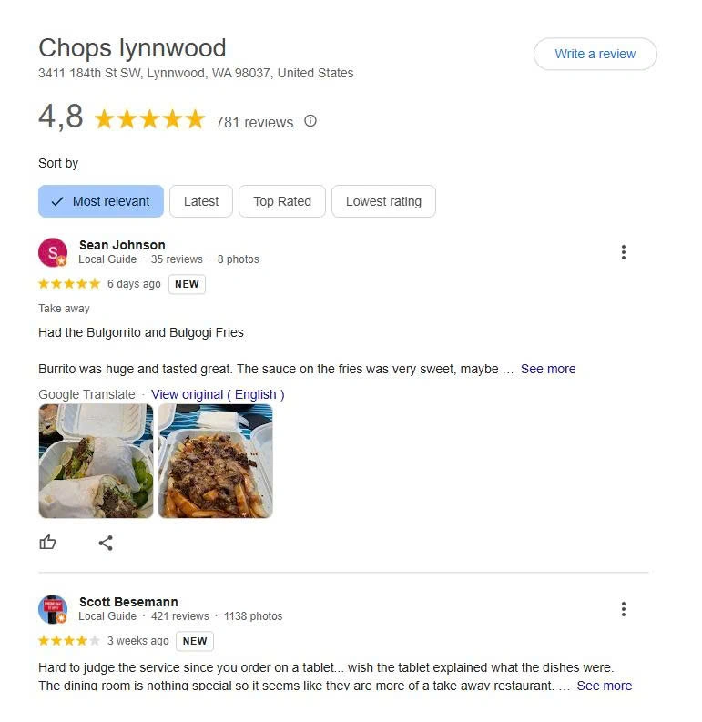 Customer Reviews of Chops Lynnwood
